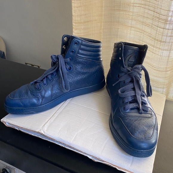 GUCCI BLUE LEATHER HI-CUT RUBBER SHOES SNEAKERS 6 - Picture 6 of 12